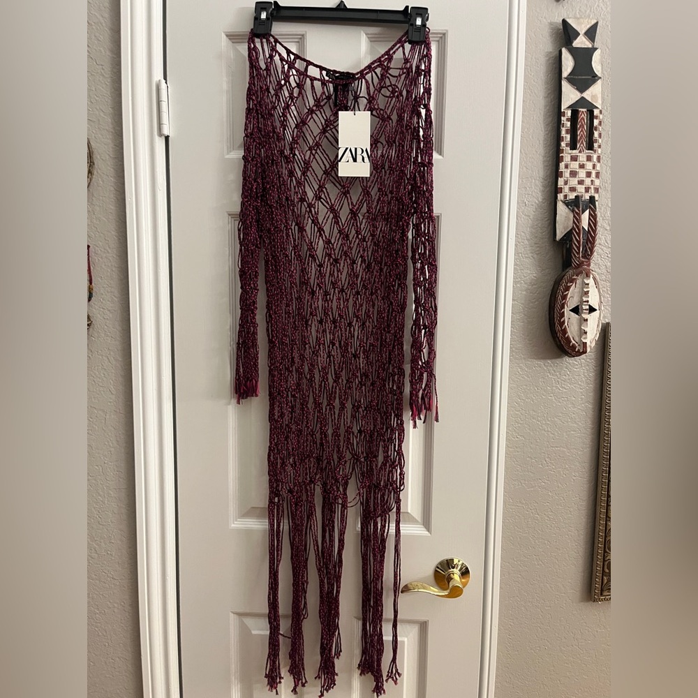 Zara Macrame Pink & Purple NWT Fringed Festival Swim Coverup Dress Size M